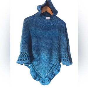Vintage Handmade Crochet Hooded Poncho Sweater Blue Boho Large/XL Cottagecore